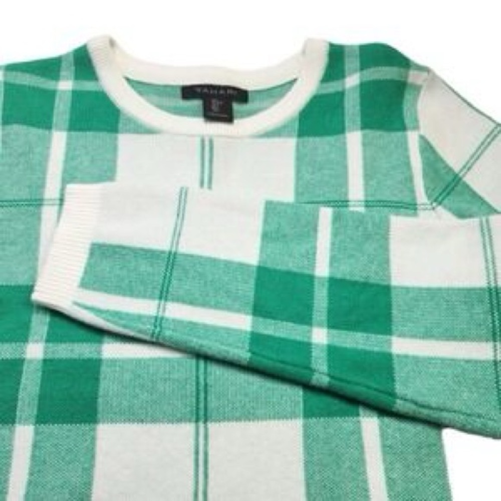 Tahari Mint Green and White Plaid Textured Knit Pullover Sweater Size Small